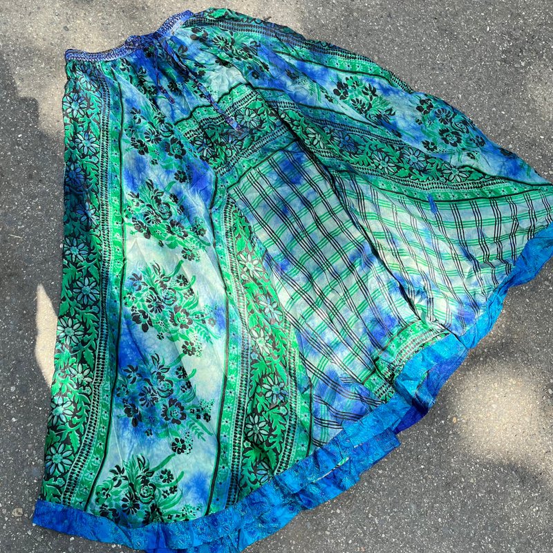 喜迎瑶 尼泊尔 大摆裙 植物丝 长裙 伞裙 嬉皮 民族风 连身裙 - 裙子 - 其他材质 蓝色