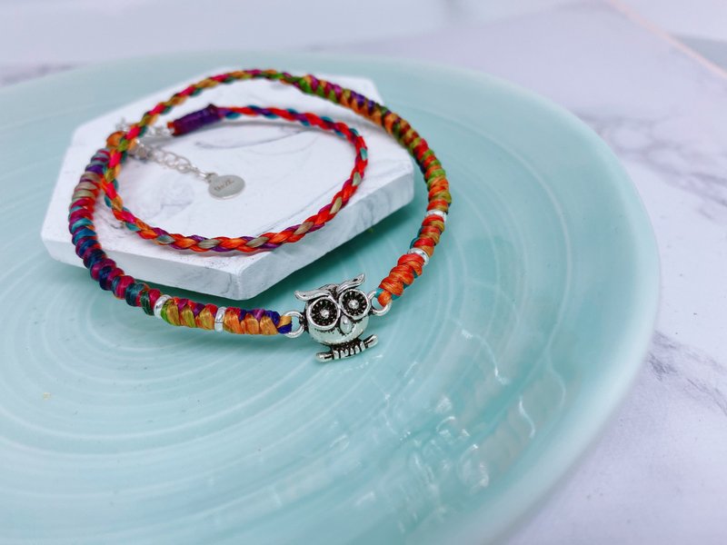 S&A 守护与你 猫头鹰 智慧化身 定制手链 蚕丝蜡线 925纯银 双圈 - 手链/手环 - 纯银 