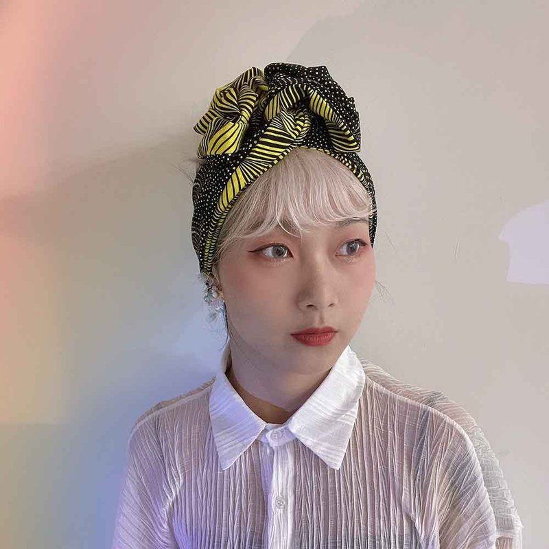 缠绕画宽版铝线发带 - 发带/发箍 - 棉．麻 黄色