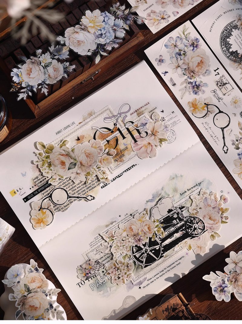 旧迹 复古大花卉小物件 PET 和纸胶带 模切手帐拼贴 - 纸胶带 - 纸 蓝色