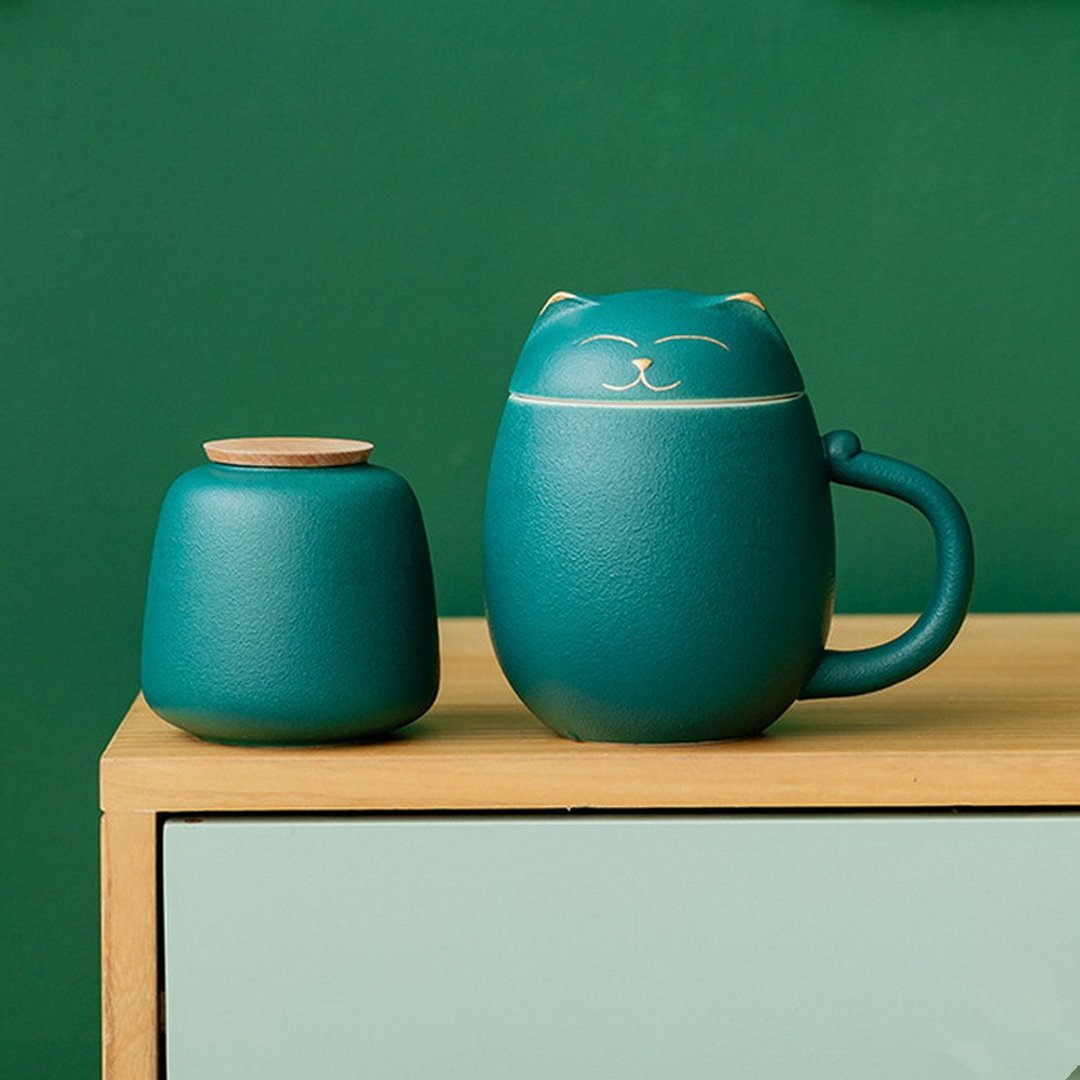 招财猫茶杯 陶瓷材质 附茶叶罐 便携四色 圣诞礼物 - 茶具/茶杯 - 陶 