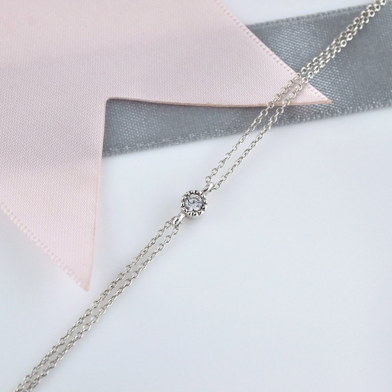 滚珠边镶单颗CZ双链手链 925纯银 - 手链/手环 - 纯银 透明