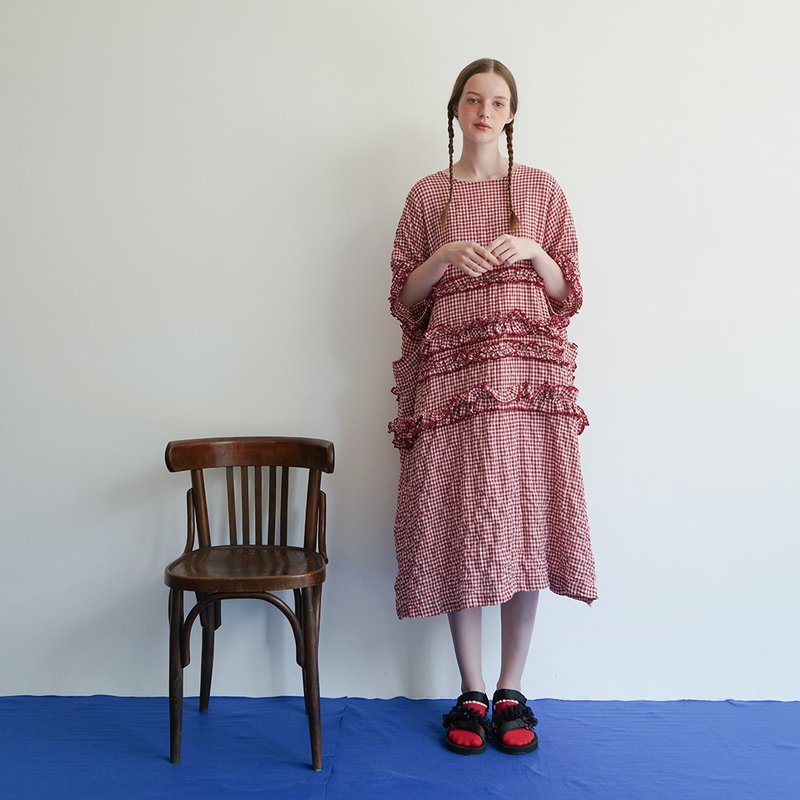 红白格连身裙 - imakokoni - 洋装/连衣裙 - 棉．麻 红色