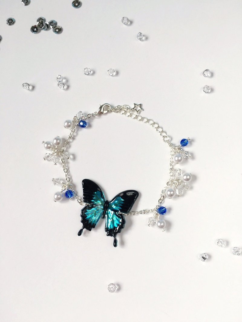 *Haku·Neko* 手绘黑纹闪蝶蓝色燕尾蝶满天星珍珠水晶手链 手链 礼物 - 手链/手环 - 宝石 蓝色