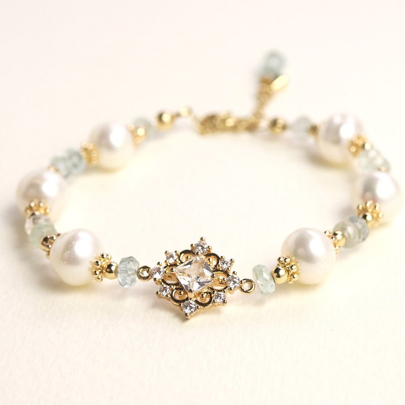 订做  冰雪国  清澈海蓝宝 珍珠  勾式手链 - 手链/手环 - 半宝石 蓝色