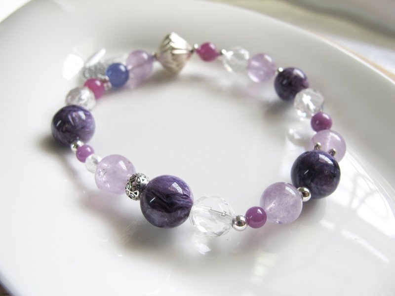 丹泉石 红宝 紫龙晶 紫水晶 紫云母 白水晶 925银【紫的捕梦网】 - 手链/手环 - 水晶 紫色