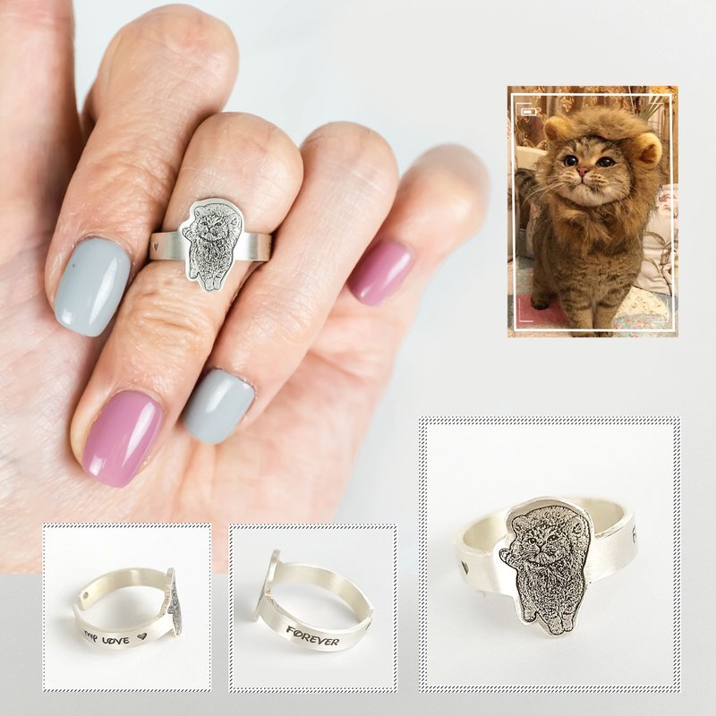 纯银 照片影雕 戒指 毛小孩 人像 婴儿 狗狗 猫猫 纪念 - 戒指 - 纯银 银色