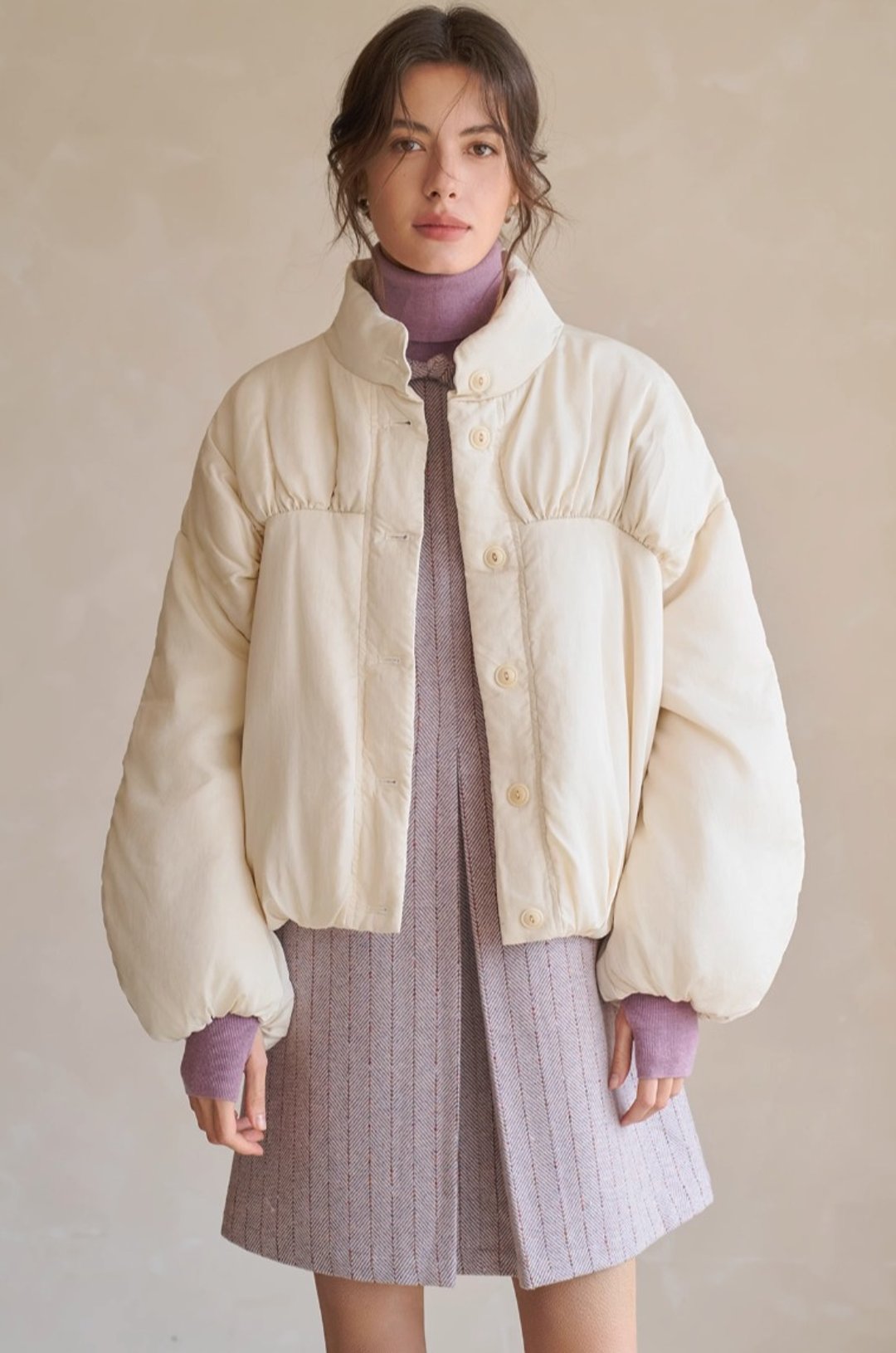法式极简 微光感抽褶立领羽绒服 - 女装上衣 - 其他材质 白色