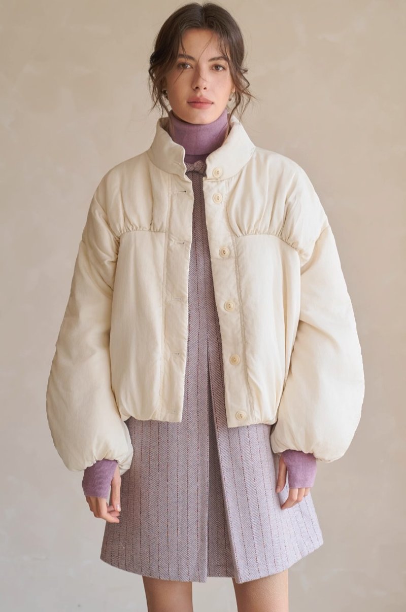 法式极简 微光感抽褶立领羽绒服 - 女装上衣 - 其他材质 白色