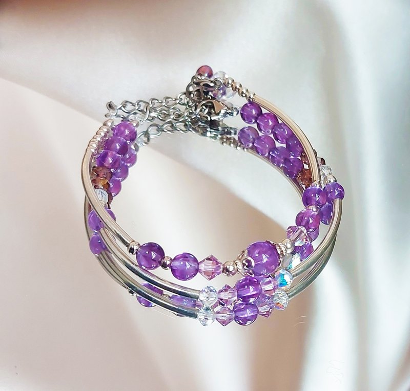 925纯银薰衣草 / 经典紫水晶双圈套组 脉轮能量 紫水晶 - 手链/手环 - 宝石 紫色