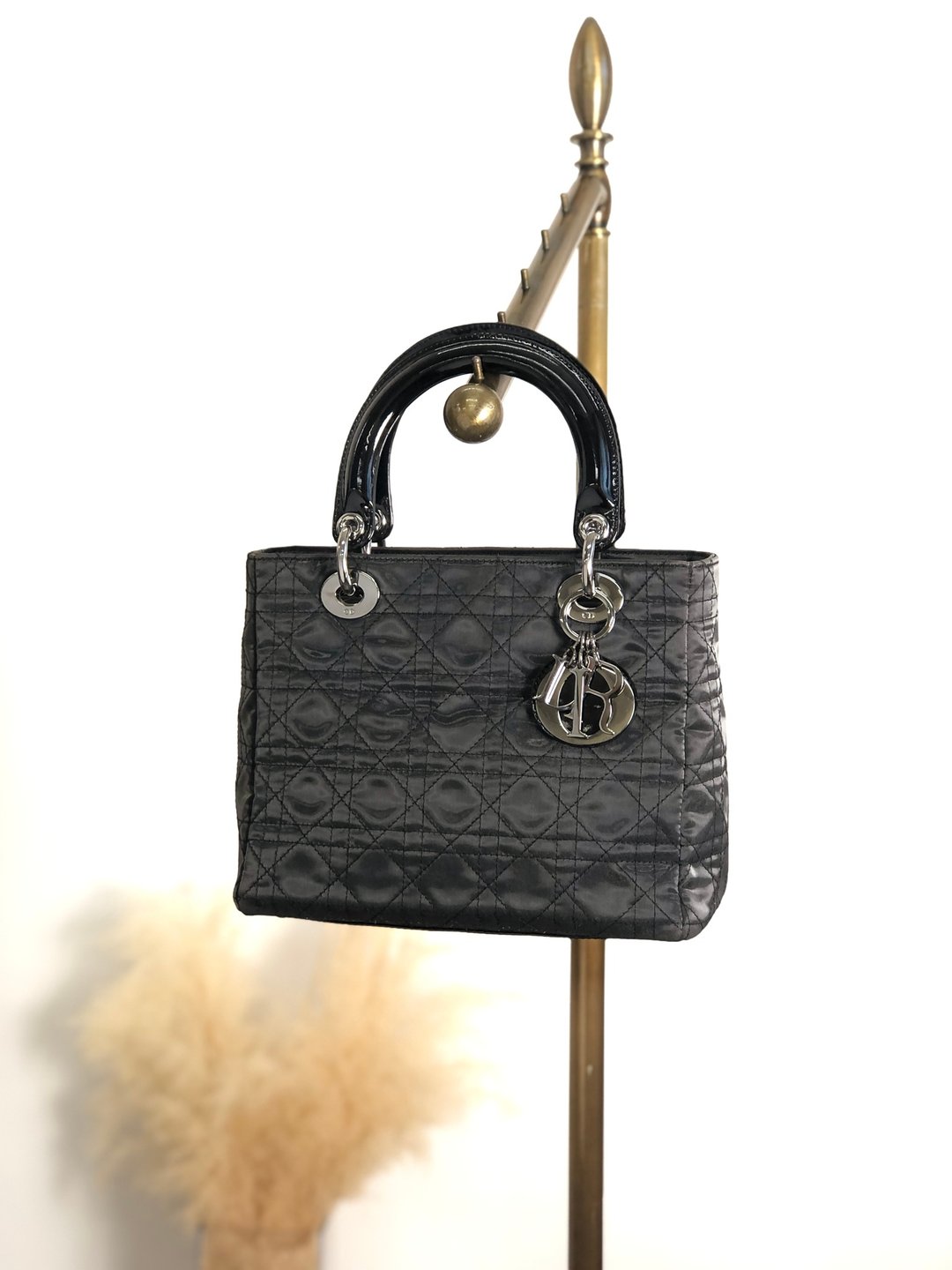 【 VintageShop solo 日本直送中古包专卖店 】Christian Dior Cannage 藤格纹 链带包 黑色 吊饰 漆皮 尼龙 2way 复古 5cgj75 - 侧背包/斜挎包 - 尼龙 黑色