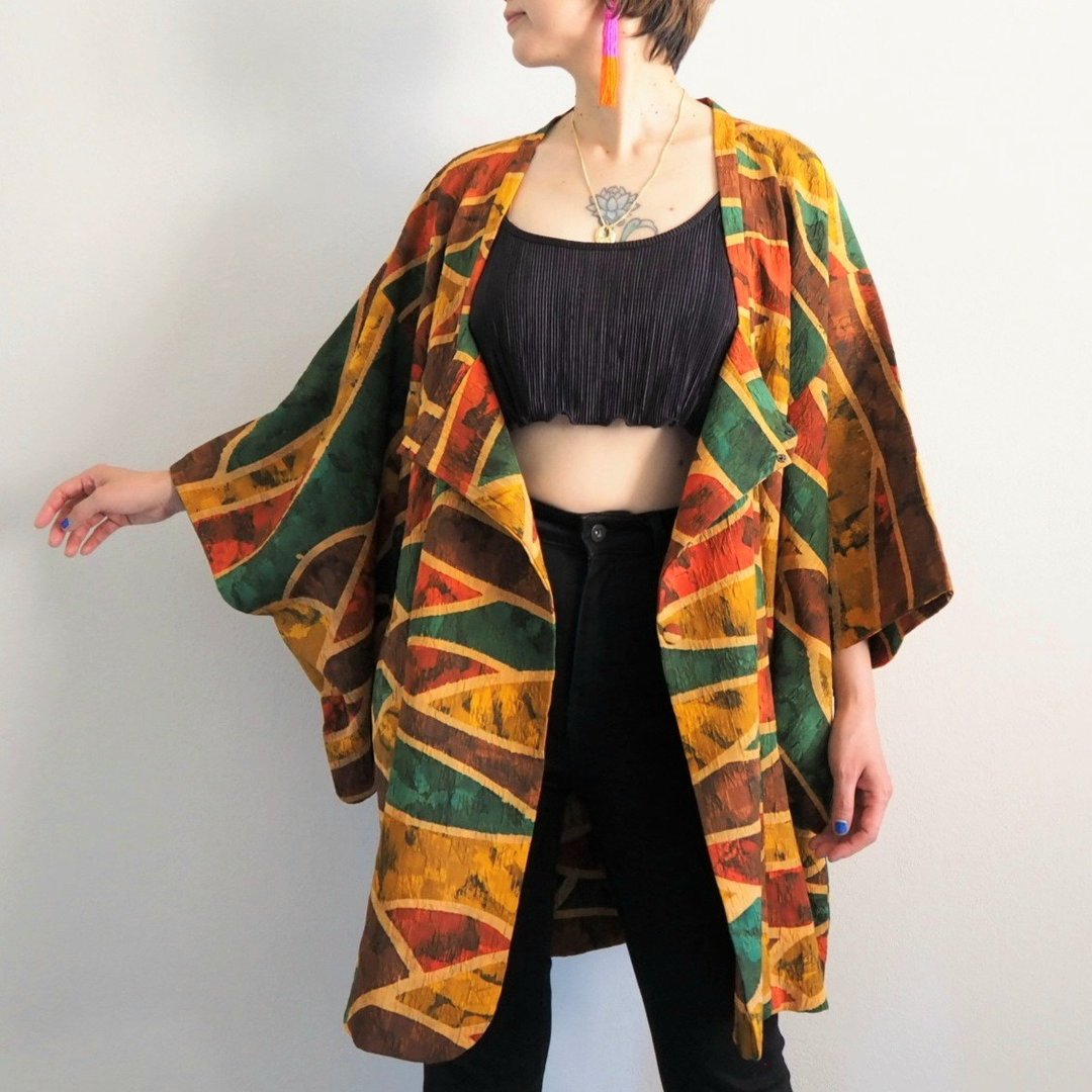 【日本製】 Soft Silk Haori 男女通用羽织、黑色夹克、春季夹克 - 女装休闲/机能外套 - 丝．绢 橘色