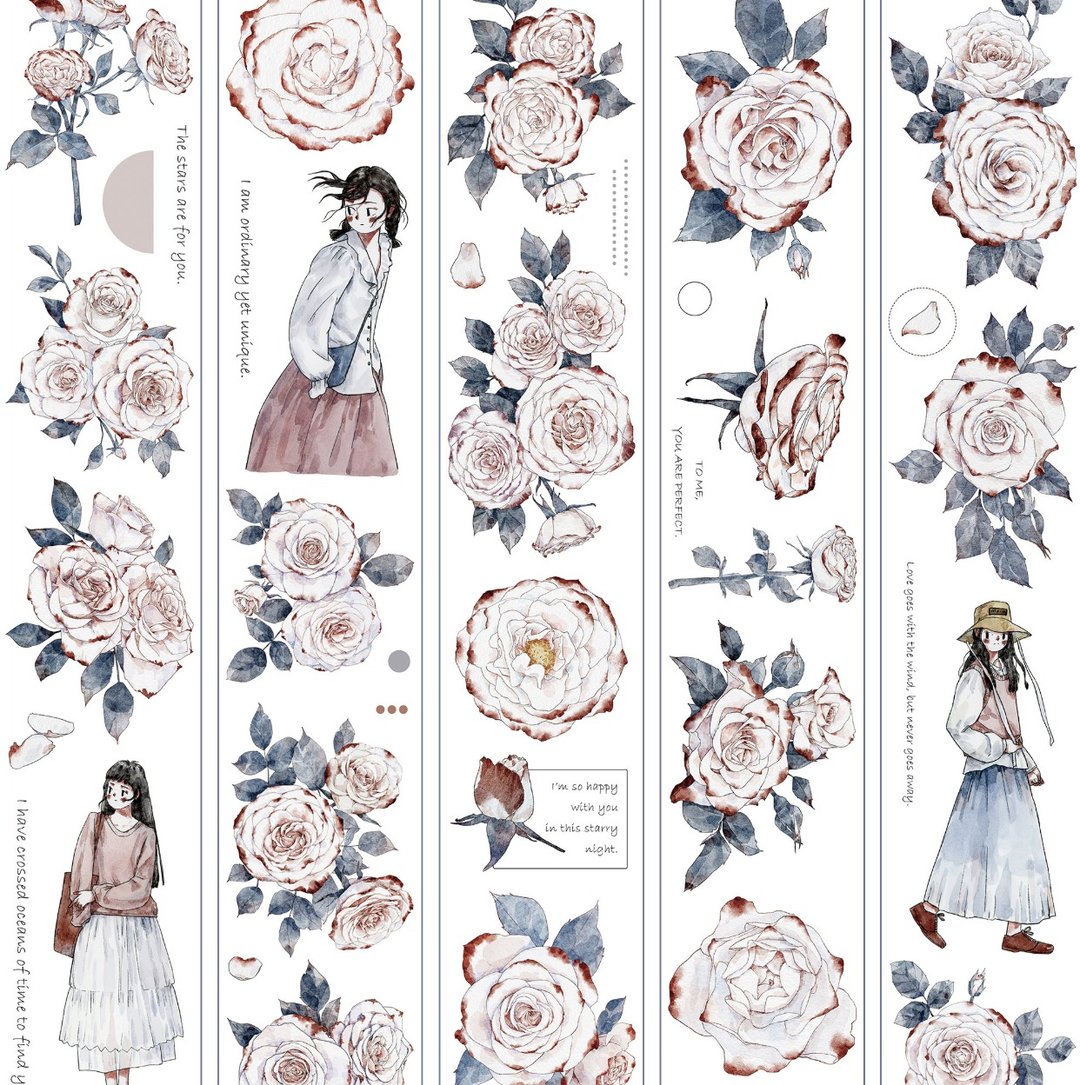 锈红染 淡顏女子 薔薇 塩顏繪畫 PET 和紙膠帶 10米卷 (kiss-cut) - 纸胶带 - 其他材质 多色