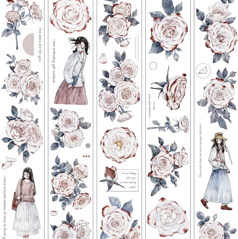 锈红染 淡顏女子 薔薇 塩顏繪畫 PET 和紙膠帶 10米卷 (kiss-cut) - 纸胶带 - 其他材质 多色