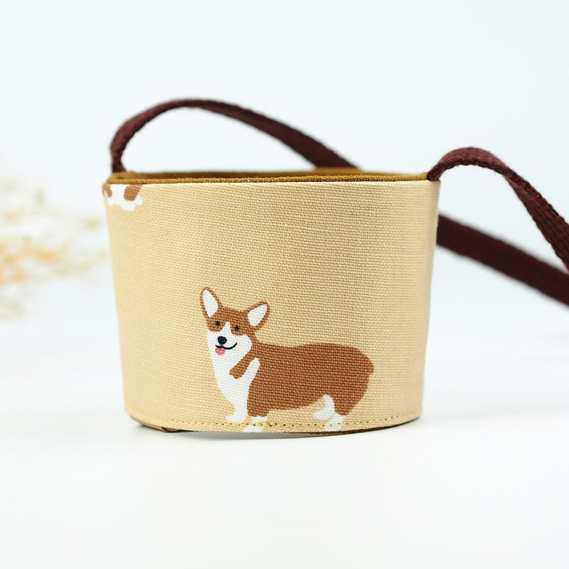 手工制作 环保饮料袋 吸水 咖啡提袋 可爱 宠物 狗 情人节 柯基犬 【啾咪柯基】【D-34】 - 随行杯提袋/水壶袋 - 棉．麻 卡其色