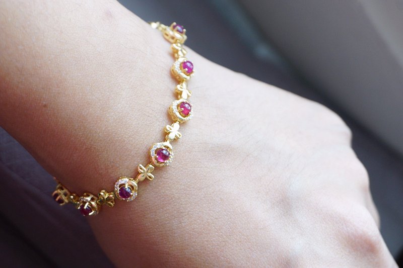 天然红宝石手链 925 纯银镀金 - 手链/手环 - 纯银 红色