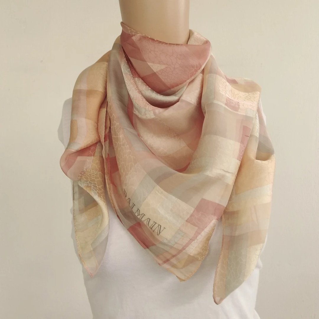 Vintage BALMAIN Paris Scarf 100% Silk Woven 33 x 34 inches with Original Tag J - 丝巾 - 丝．绢 咖啡色