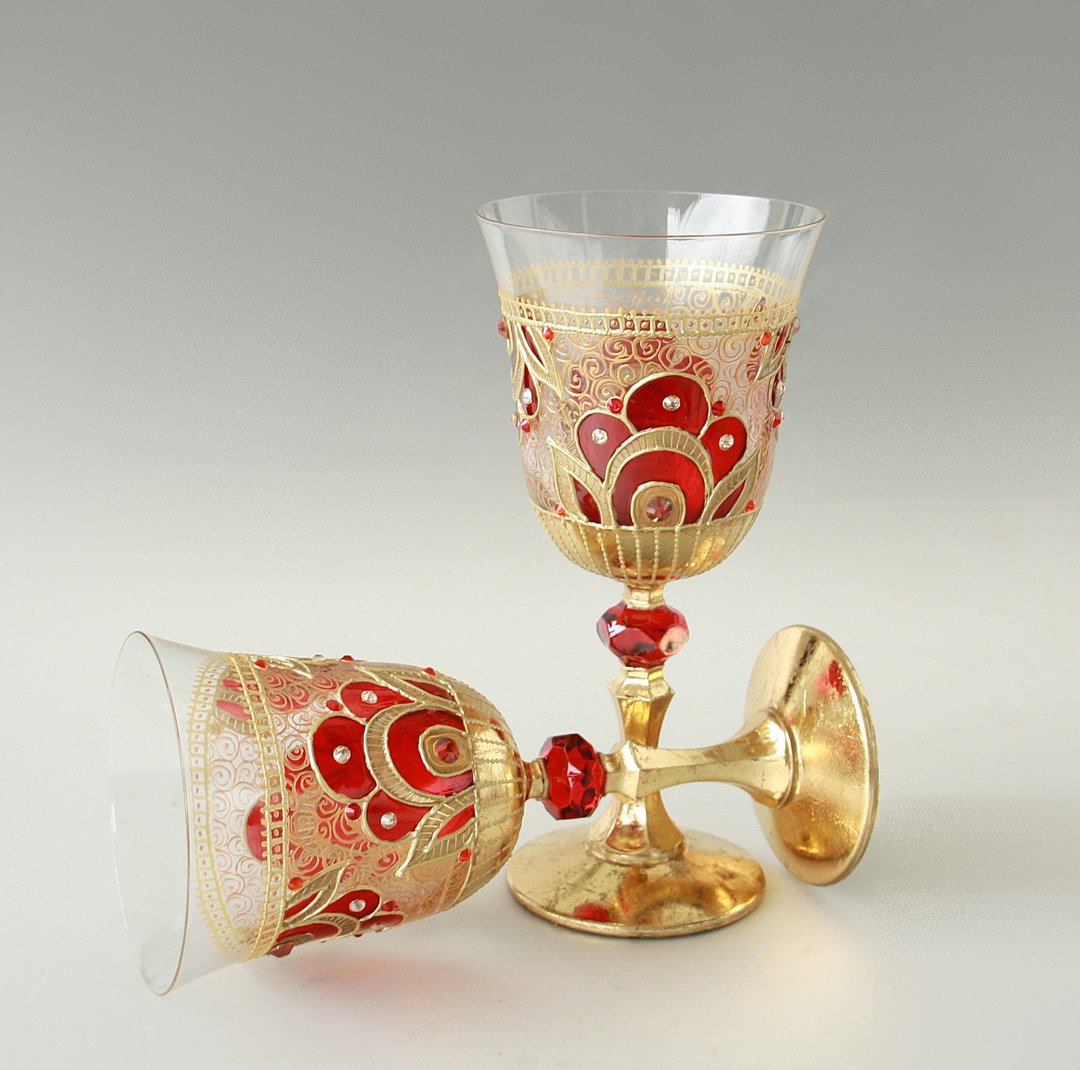 Royal Wine Glasses Wedding Anniversary Rubby Hand-painted set of 2 - 酒杯/酒器 - 玻璃 红色