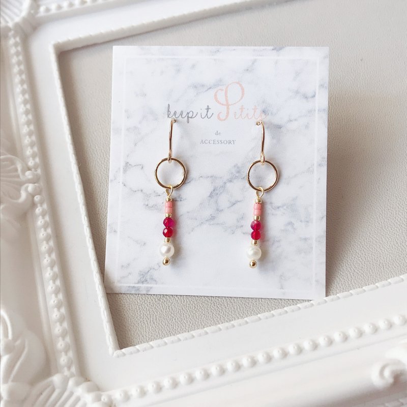 极细迷你 红碧玺 淡水珍珠 天然石 925银镀金耳环 姊妹 生日礼物 - 耳环/耳夹 - 石头 红色