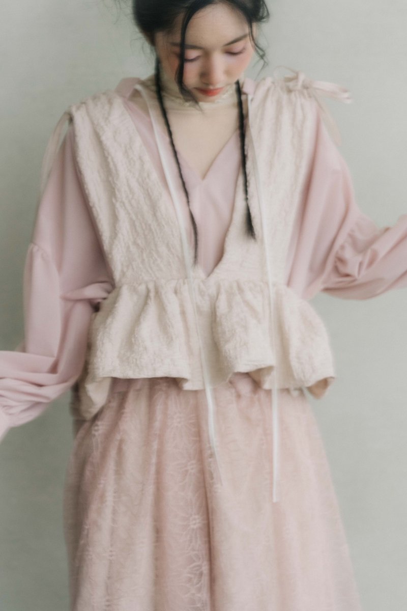 雾粉缩皱背心上衣 - 女装背心 - 棉．麻 