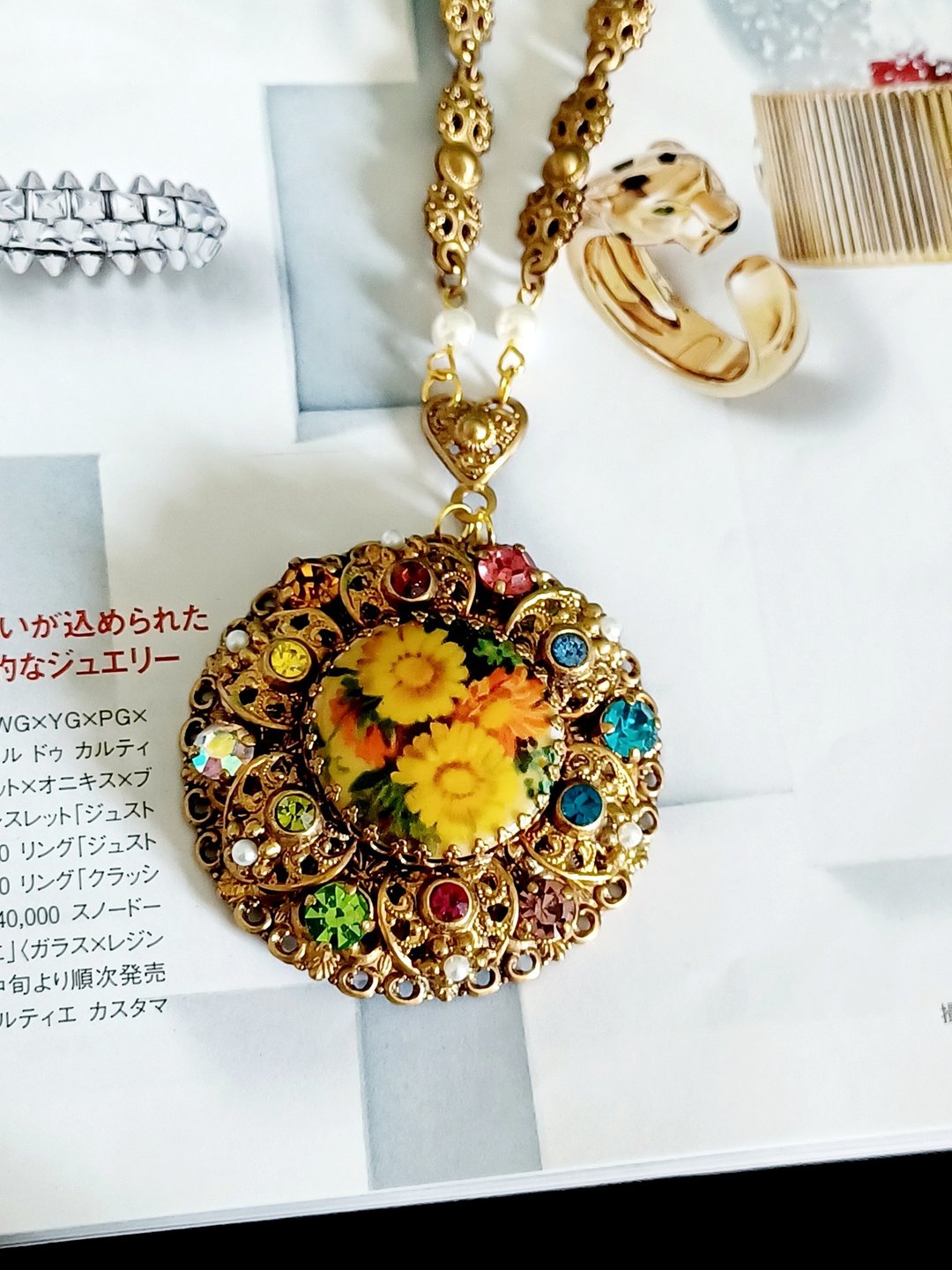 vintage jewelry 古董 西德制 花丝花卉水钻珍珠吊坠 项链 - 项链 - 其他金属 