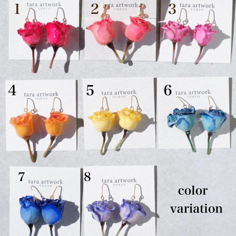 真玫瑰耳环 干花饰品 可选色 日本匠人手作 - 耳环/耳夹 - 树脂 多色