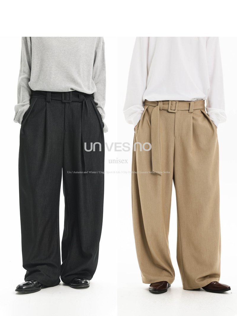 【挺括垂感】Unvesno(UN) 肌理通勤老钱风腰带可调节弯刀休闲西裤 - 男士长裤 - 其他材质 