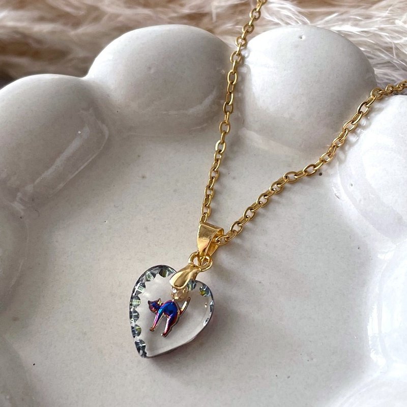 医疗级不锈钢 猫咪复古印刻项链 / 抗金属过敏 - 项链 - 玻璃 透明