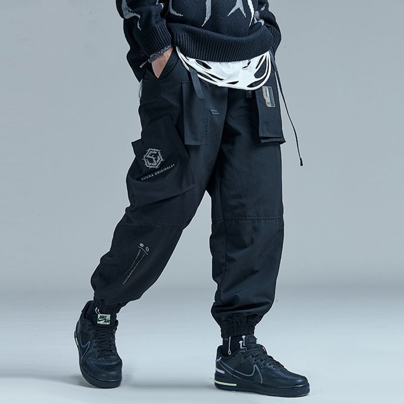 多袋机能束脚裤男士反光印花长裤工装裤子 - 男士长裤 - 聚酯纤维 黑色