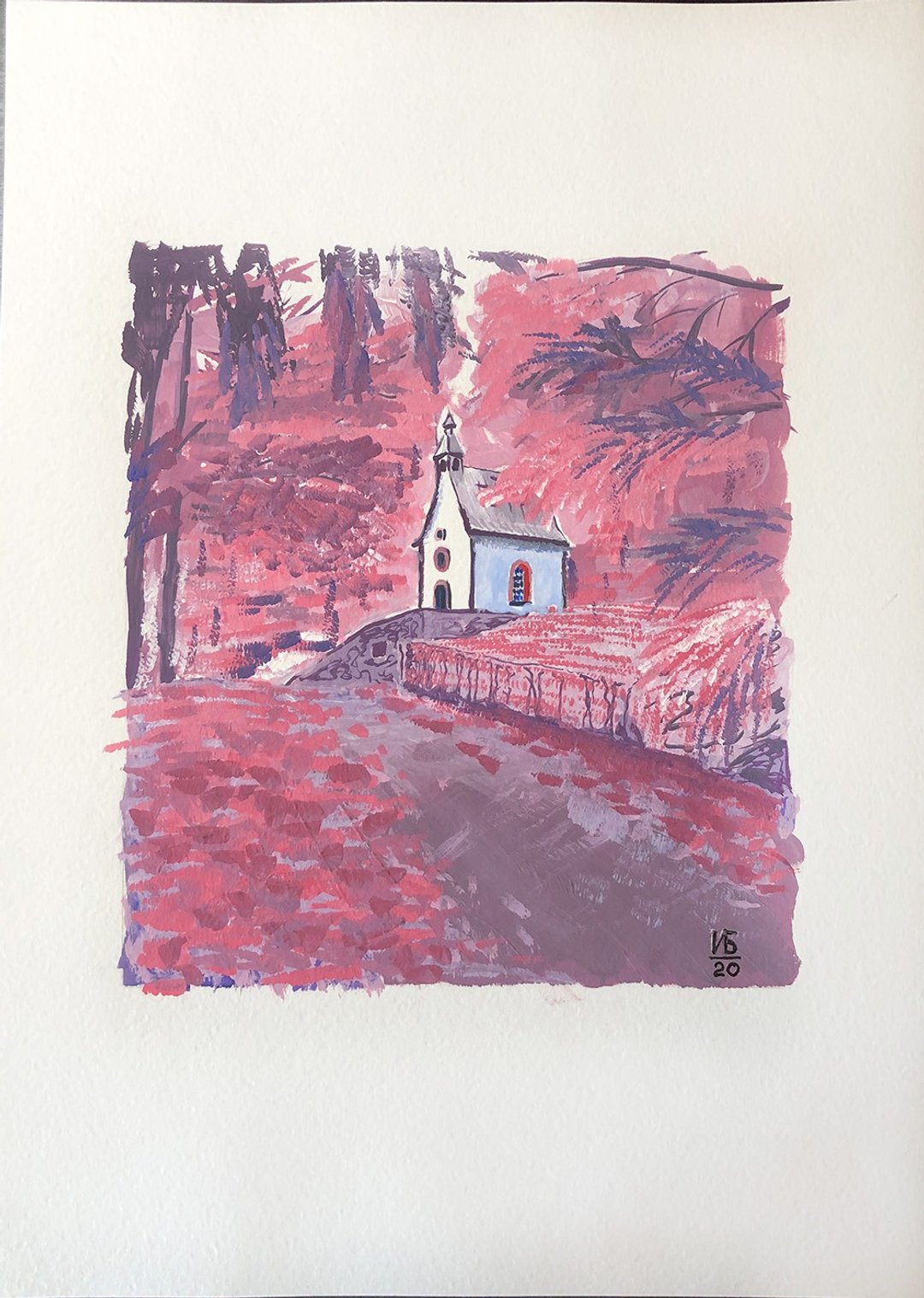 Chapel Painting Fall Trees Original Art Road Gouache Artwork Forest Wall Art - 海报/装饰画/版画 - 纸 粉红色