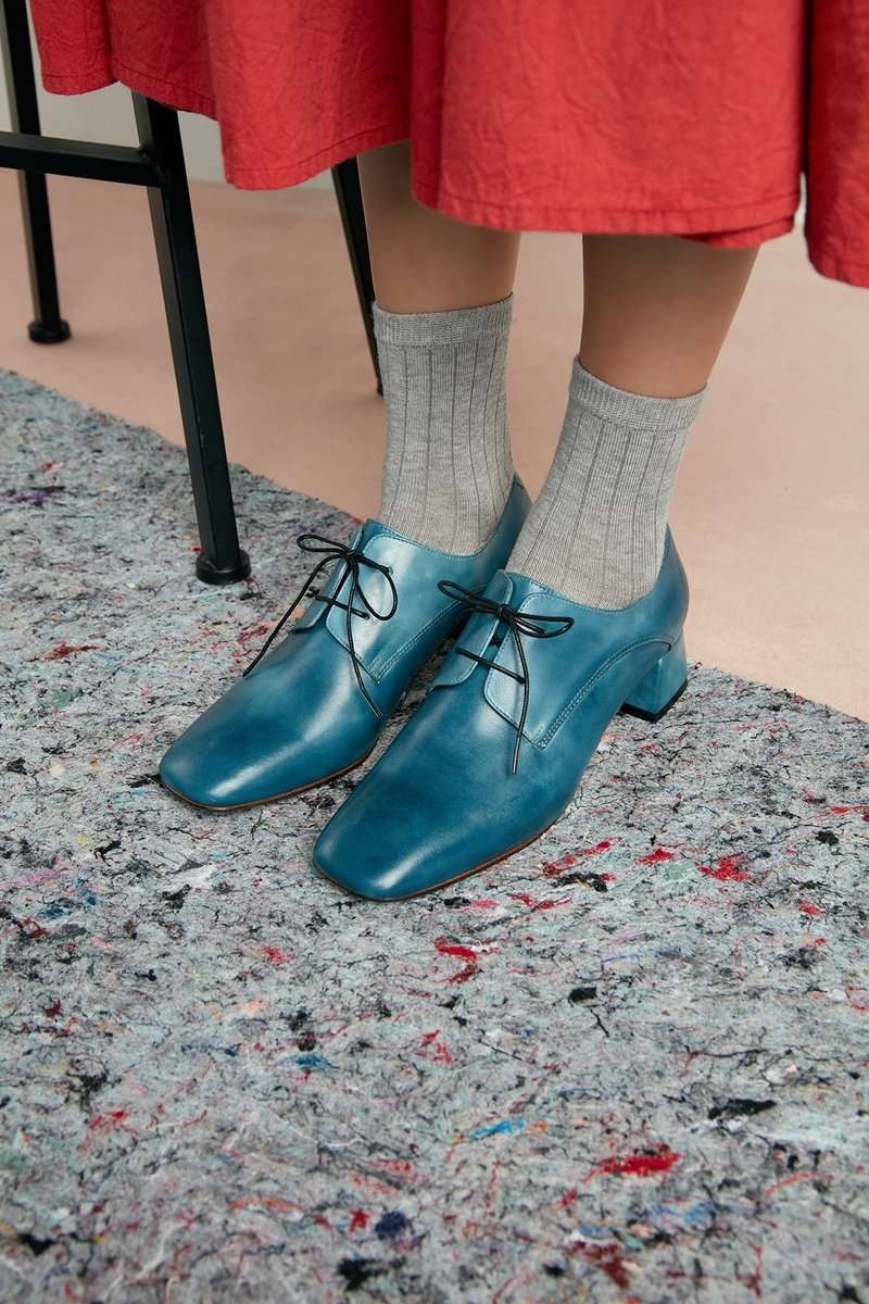 HTHREE 4.6方头德比跟鞋/ 湖水蓝/ Square Toe Derby Heels - 女款牛津鞋/乐福鞋 - 真皮 蓝色