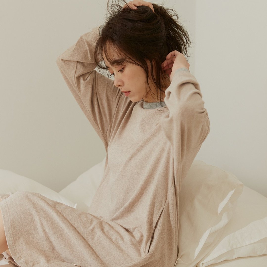 完售】有机棉拼接长袖连身裙-奶茶棕/居家服/女朋友礼物 - 居家服/睡衣 - 棉 卡其色
