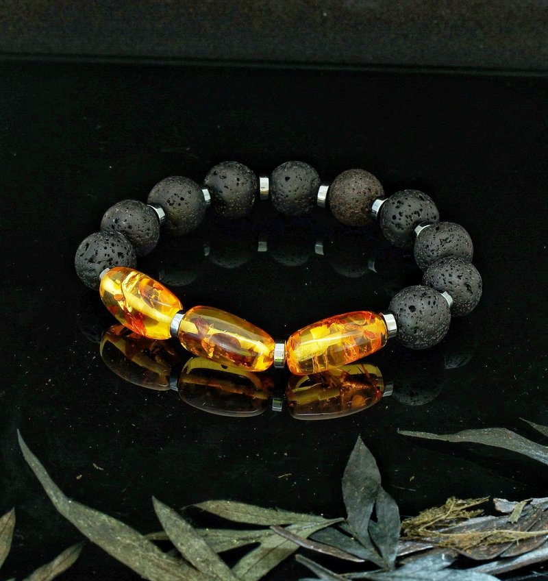 波罗的海金琥珀 12mm 火山石手链-2 - 手链/手环 - 玉石 