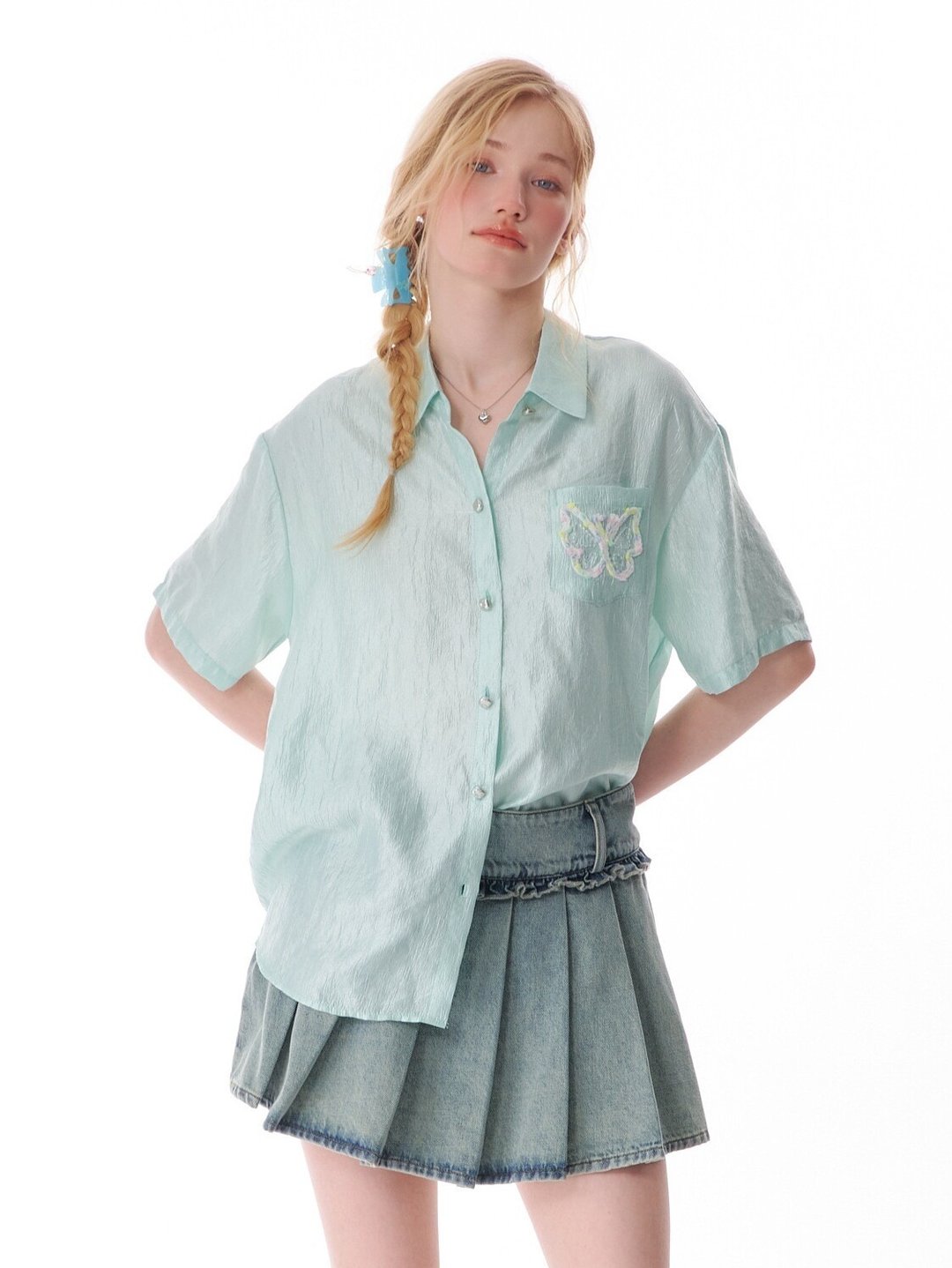 ziziFei夏新款设计感美式复古高级感上衣休闲蝴蝶亮面短袖衬衫女 - 女装衬衫 - 其他材质 