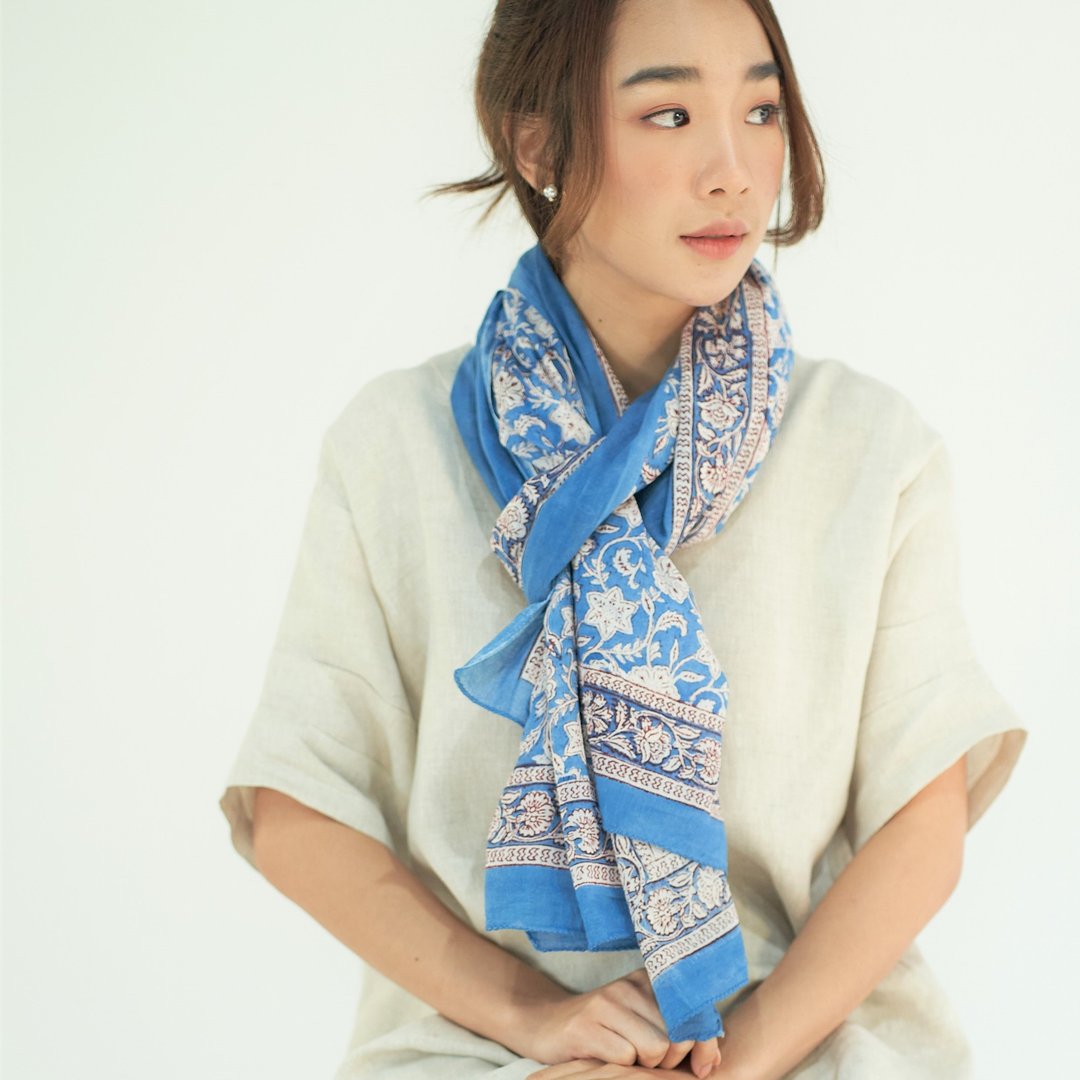 Indian Cotton Scarf Indian Cotton Shawl - ฺBlue 004 - 丝巾 - 棉 蓝色