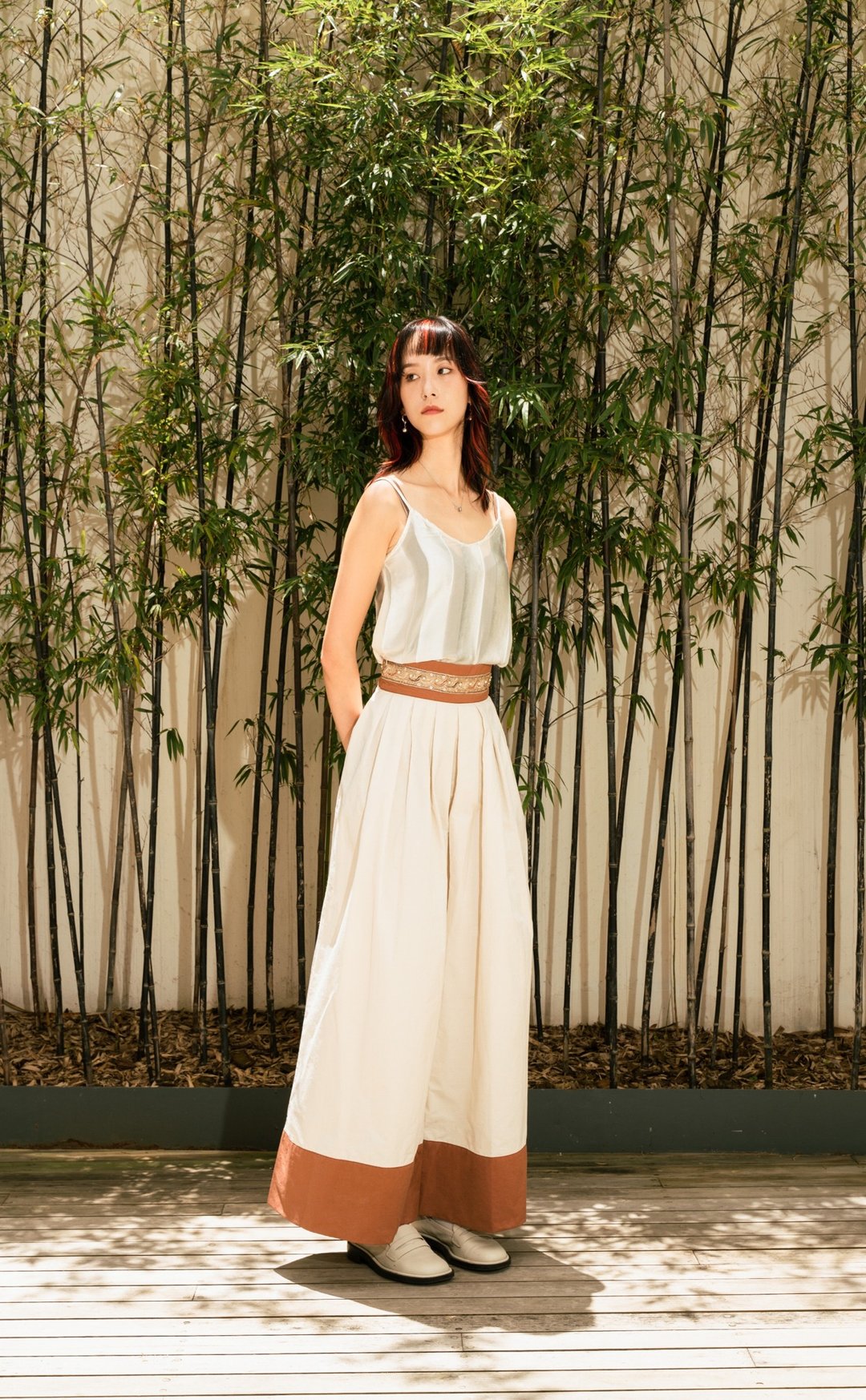 两色精裁长裤 Two-Tone tailored trousers - 女装长裤 - 棉 卡其色