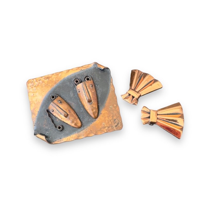 复古 Rebajes 胸针与 Renoir 夹式耳环 签名铜饰 1950 年代 - 胸针 - 其他金属 咖啡色