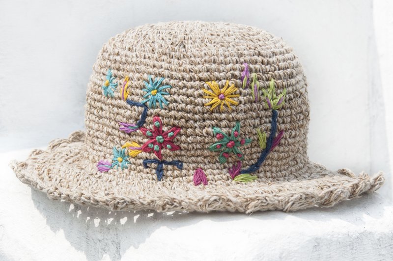 棉麻帽 编织帽 渔夫帽 遮阳帽 草帽 登山帽 草编帽-手工刺绣花朵 - 帽子 - 棉．麻 多色