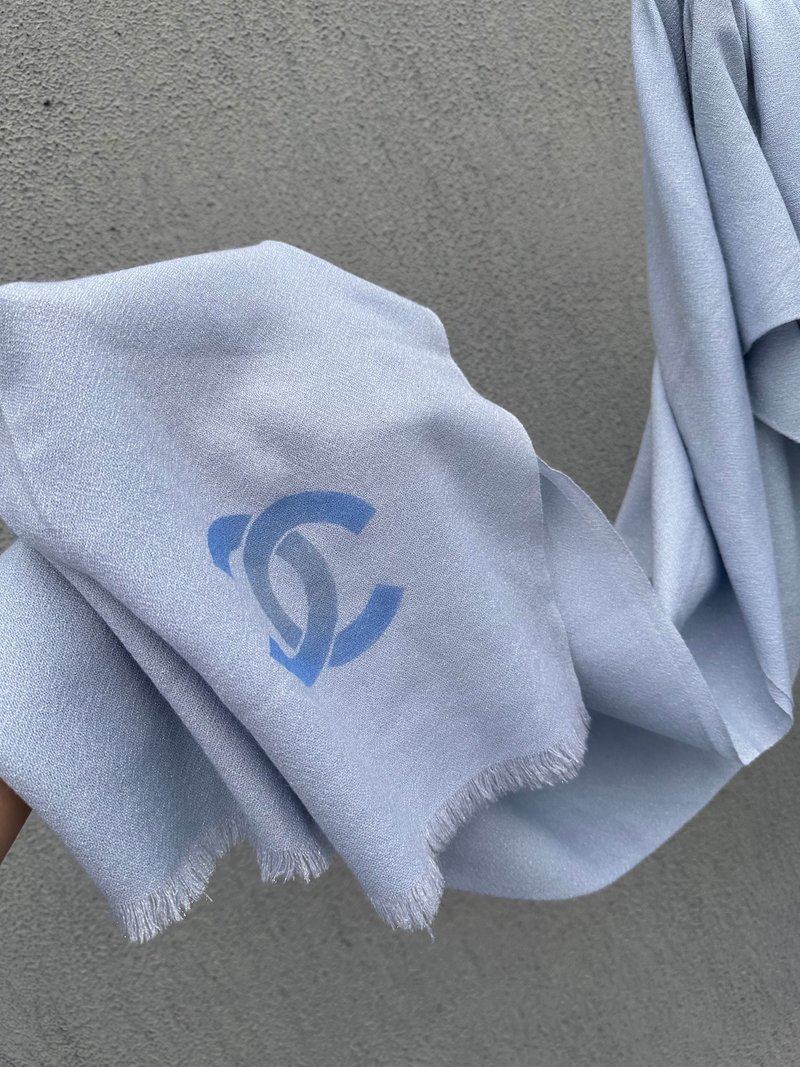中古品 CHANEL 香奈儿 渐变蓝 Logo 羊绒围巾 - 围巾/披肩 - 羊毛 蓝色