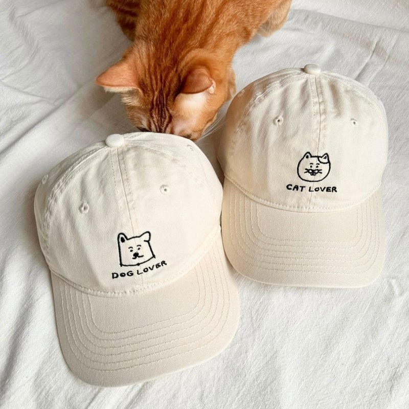 可爱猫狗-奶油棒球帽 - 帽子 - 棉．麻 卡其色