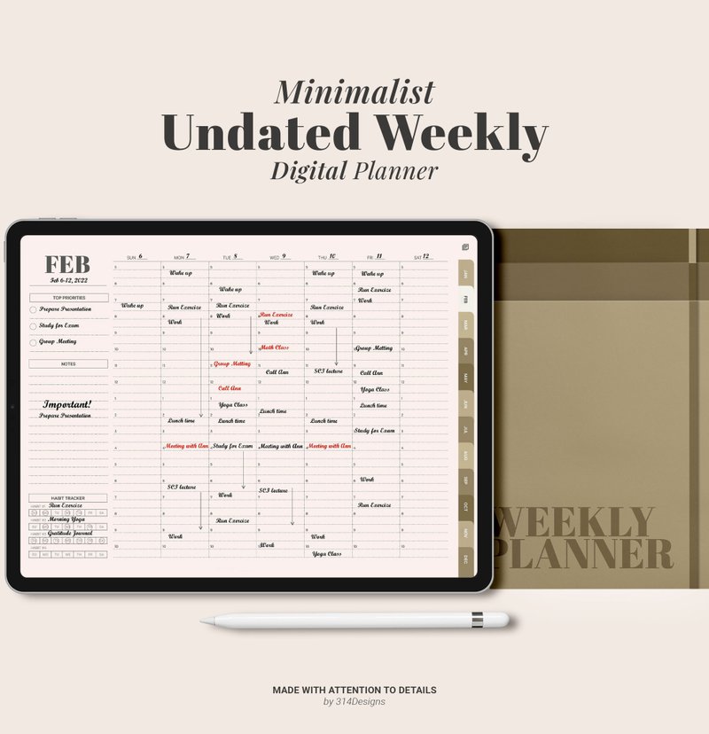 Undated Weekly Digital Planner, Goodnotes ipad Planner, Daily hourly Minimalist - 电子手帐及素材 - 其他材质 