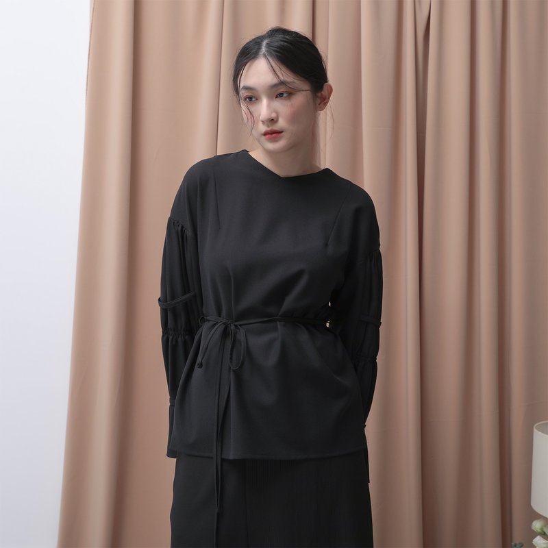 Hexian_合弦皱褶上衣_22AF005_黑 - 女装上衣 - 聚酯纤维 黑色