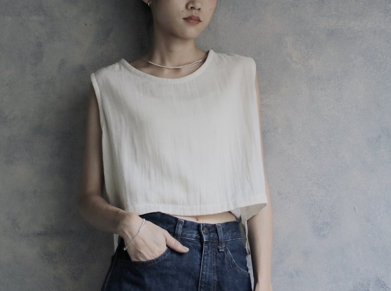宽版露腰无袖上衣 米白 / 咖啡 - 女装背心 - 棉．麻 白色