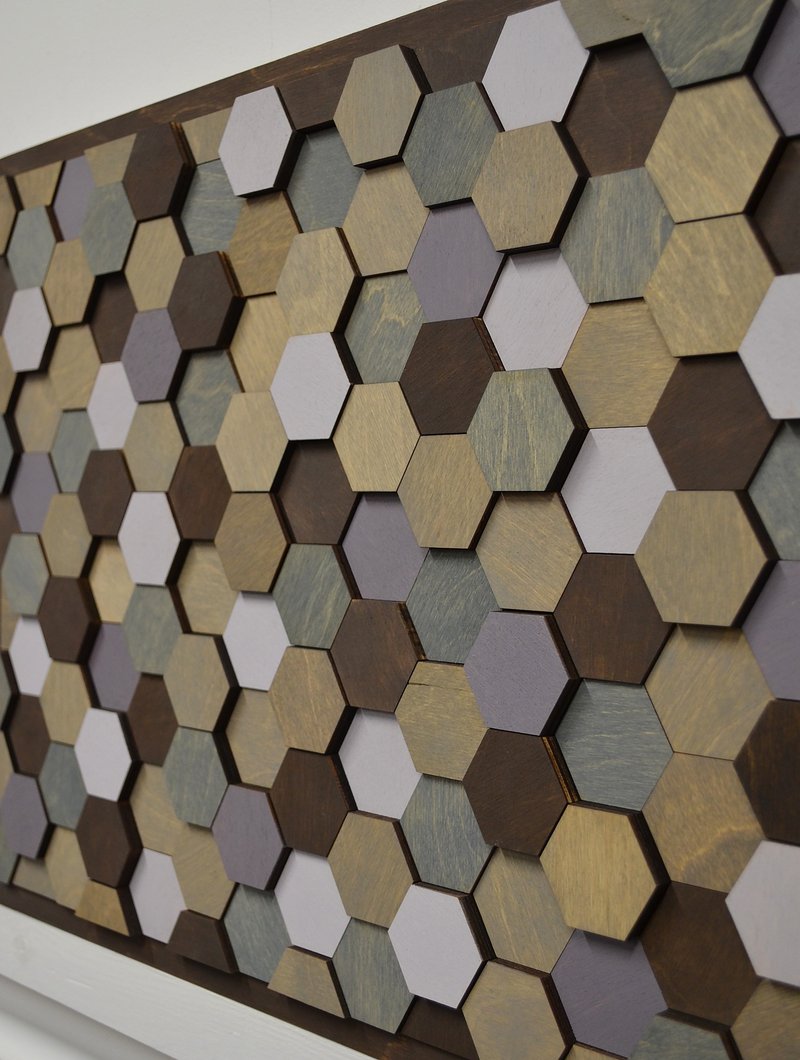 斯堪的纳维亚六边形木墙艺术在温暖的灰色灰蓝色薰衣草巧克 - 墙贴/壁贴 - 木头 灰色