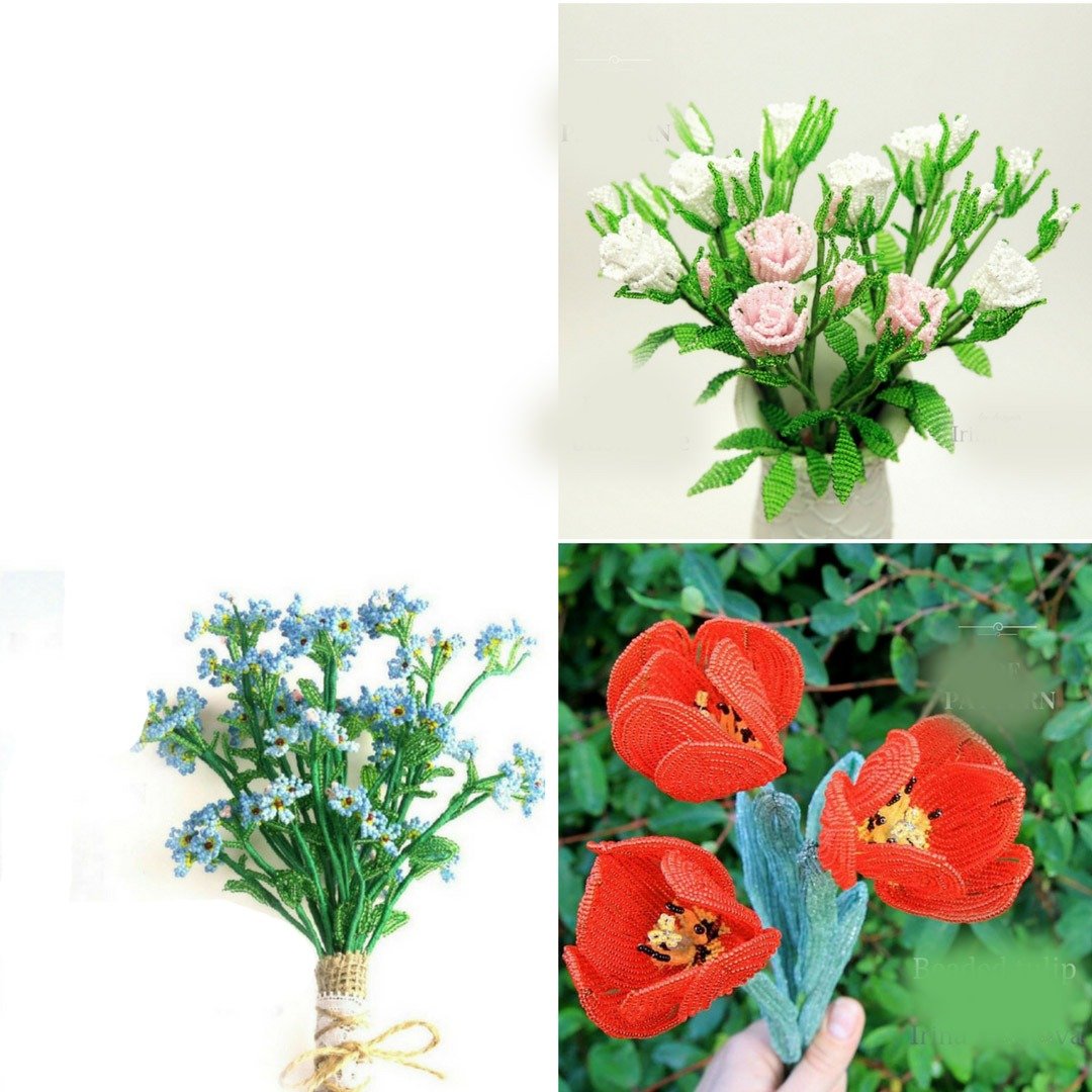 Digital Download - PDF | Beaded Flowers pattern | Rose, Forget-me-nots and Tulip - 手工艺教程/工具书 - 其他材质 