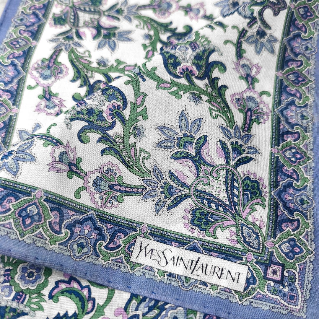 古董 Yves Saint Laurent 棉质手帕 – 佩斯利花卉图案 19 x 18.5 英寸 - 手帕/方巾 - 棉 蓝色