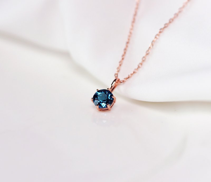 高品质-深蓝托帕石纯银玫瑰金项链6mm-十一月诞生石 - 项链 - 水晶 蓝色
