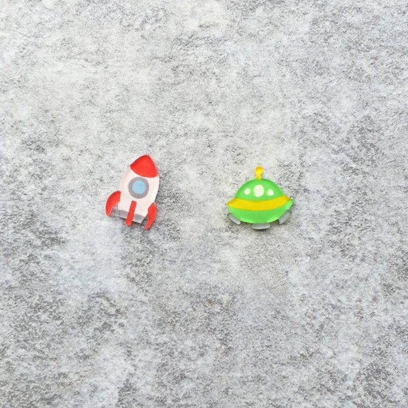Pista丘手绘耳环/ 空中-火箭+飞碟 - 耳环/耳夹 - 树脂 红色