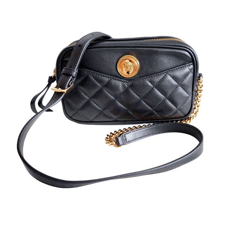 Sac Caméra en Cuir Agneau Noir Matelassé avec Logo Méduse - 侧背包/斜挎包 - 真皮 黑色