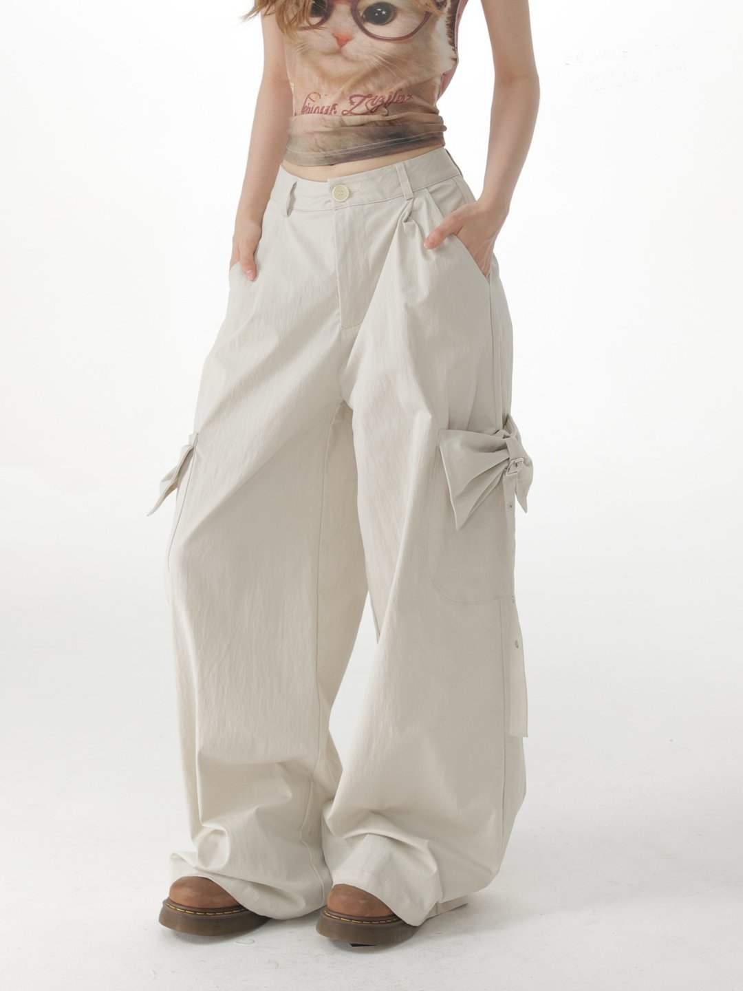 ziziFei''蝶间梦''米白杏蝴蝶结高腰显瘦工装口袋阔腿休闲长裤女 - 女装长裤 - 其他材质 